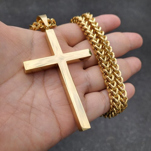 Large Cross Christian Pendant & 6mm 30" Box Cuban Stainless Steel Chain Necklace - Picture 3 of 17