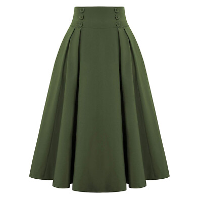 Vintage Midi Skirt with Pockets for Women Solid High Waist Pleated Swing Skirts