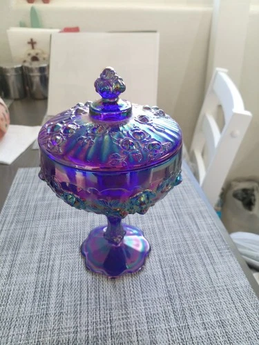 Fenton Vintage Iridescent Blue Carnival Glass Lidded Pedestal Bowl