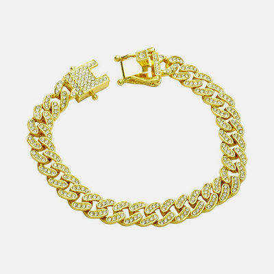 Goldfarbene Kubanische Gliederkette Armband Weiß Kristall Pavé Box Verschluss