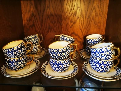 Wächtersbacher Keramik Kaffeeservice Paderborn, 12tlg. Weiß/Blau mit Plattgold - Bild 1 von 2