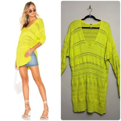 Free People Hot Tropics Top Sweater Size Large Pullover Line Green Knit V Neck