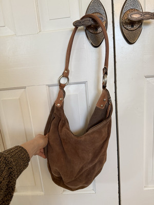 Gap Medium Brown Cow Split Leather Colorblock Zip Slouchy Shoulder