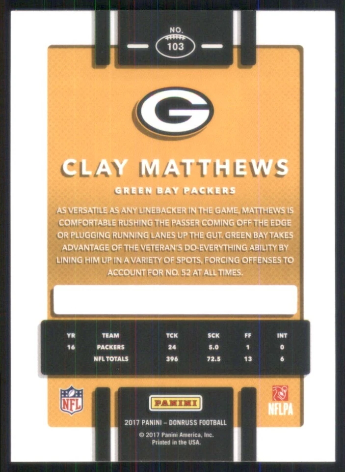 2017 Donruss #103 Clay Matthews Green Bay Packers 50263 - Image 2 of 2