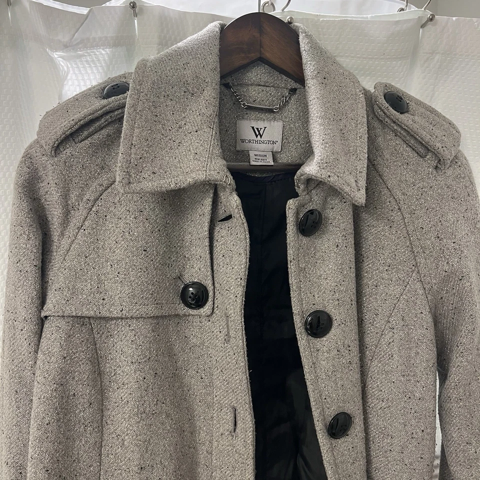 Worthington Jacket Coat Women’s Size M Wool Blend Metallic Lurex Tweed Peacoat - Image 2 of 4