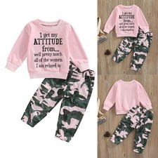Toddler Kids Baby Girl Letter Print Clothes T-shirt  Camo Pants 2Pcs Outfit Set