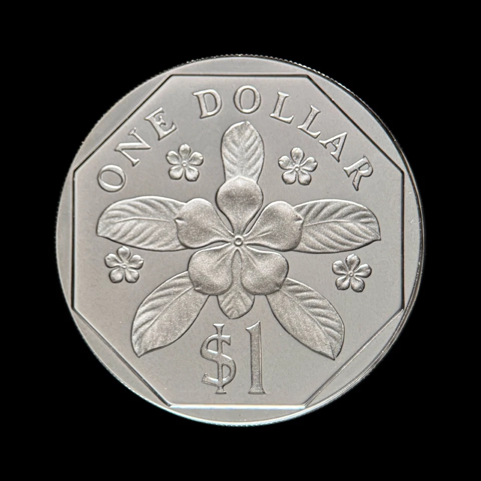 SINGAPORE. 1987, 1 Dollar, Silver - Lion Tiger, Rosy Periwinkle Blossom RARE - Image 3 of 3