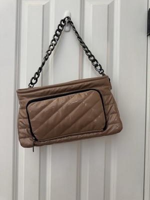 Think Royln Women's Beige Chain Shoulder Bag Glossy Coated Neutral Quilted
