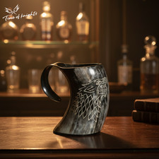 Hand Carved Viking Horn Mug Wolf Tankard Medieval Norse Beer Ale Drinking Mug