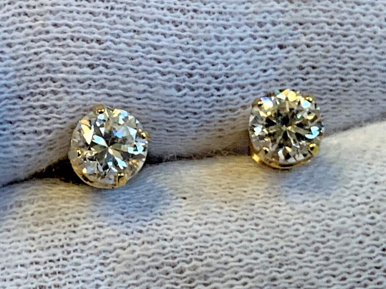 14K Yellow Gold Stud Earrings .90g Fine Jewelry Clear Stones Push Backs *READ*