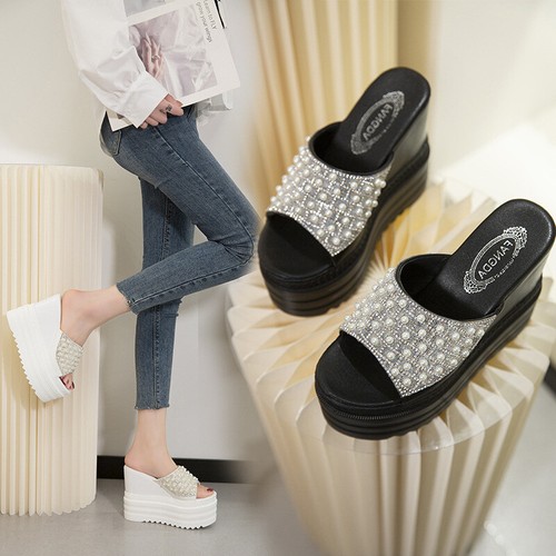 Women High Heel Slippers Open Toe Platform Wedge Rhinestone Sandals Slip On  | eBay