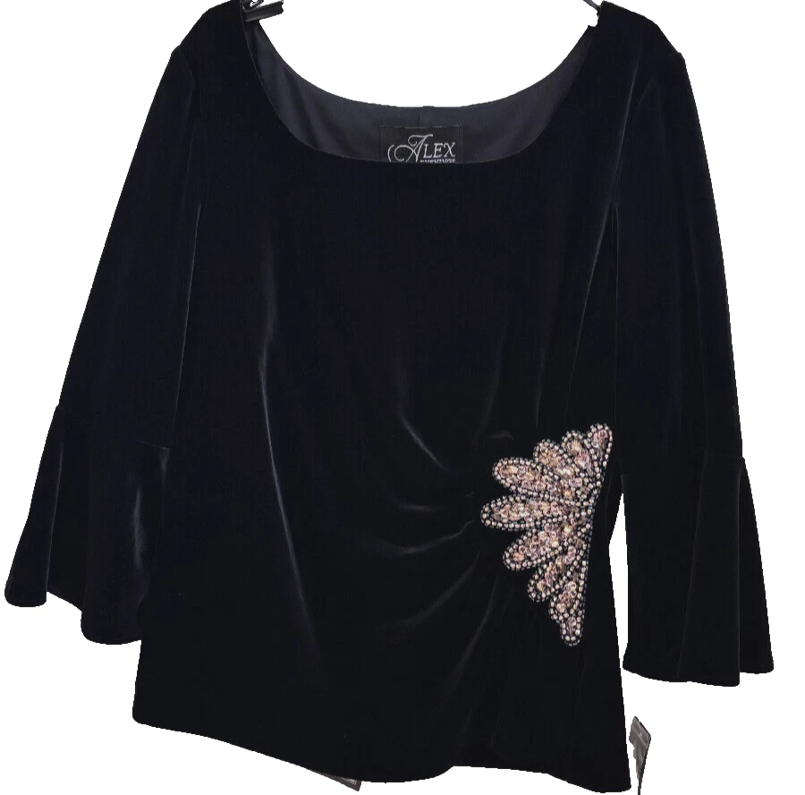 $149 Alex Evenings Womens Black Velvet Embellished Pullover Top Sequin Ruched M - Image 3 of 4