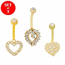 All Heart Design Surgical Steel in Gold Color Belly Rings - Set of 3