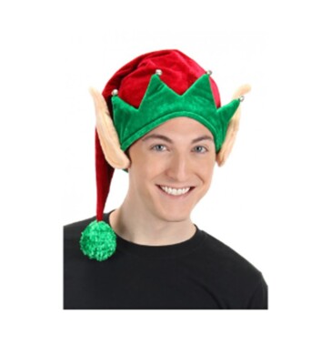 Plush Elf Hat with Ears- Green/Red - Christmas - Deluxe Costume Accessory