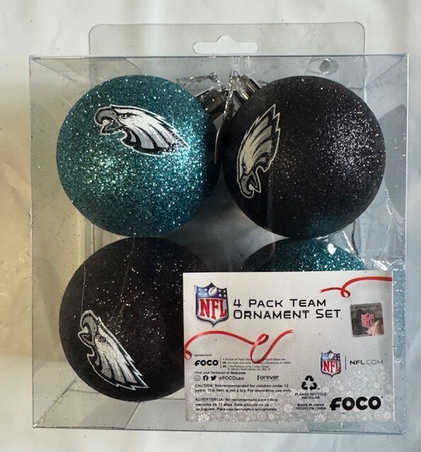Philadelphia Eagles Christmas Tree Holiday Ornament - Glitter Balls 4 pack Logo