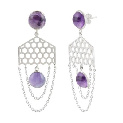 Solid Amethyst Gemstone Form Sterling 925 Silver Genuine Women Earrings
