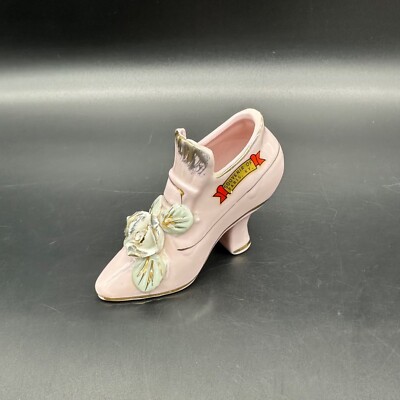Vintage Pink Shoe Souvenir Of Paris Kentucky Floral Trinket Holder Flowers