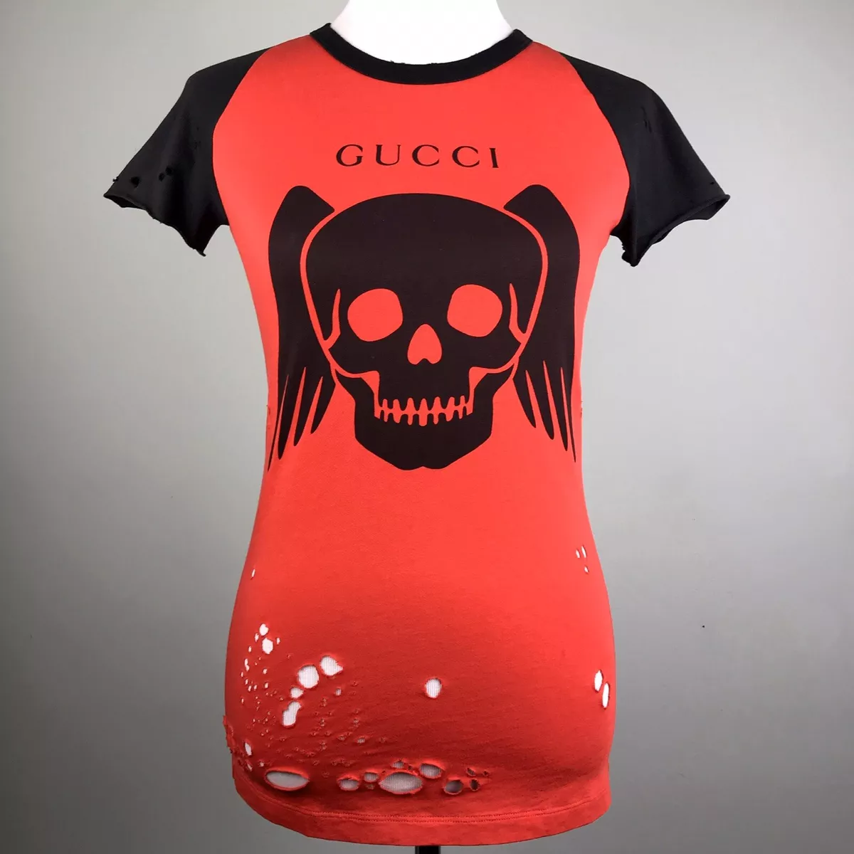 Gucci Red Ripped Skull Tee Shirt Size XS 0 2 Womens Wing Contrast Cotton | eBay