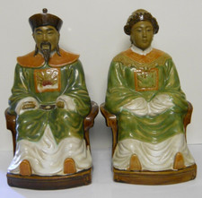 Vintage Set of 2 Oriental Accent Chinese Emperor & Empress Statues Sancai-Glazed
