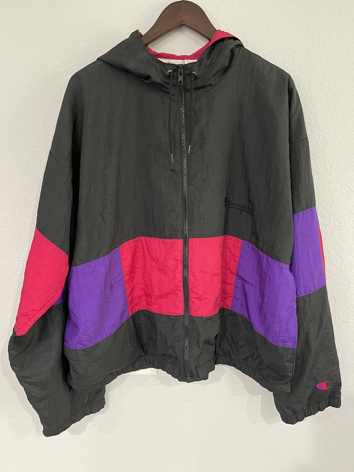 Vintage Champion Windbreaker Full Zip Black/Red/Purple Colorblock Men Size Large