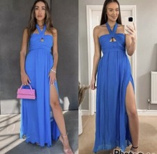 ZARA LONG HALTERNECK DRESS WITH SLITS BLUE SIZE L UK 12 7752/334 BNWT