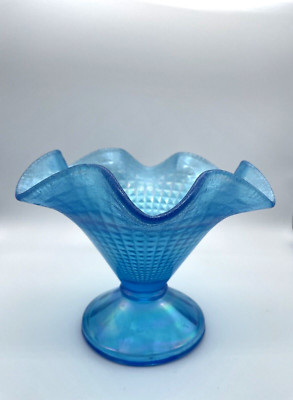 Fenton 90th Anniversary Celeste Blue Compote Candy Bowl Dish Fluted Ribbon Edge