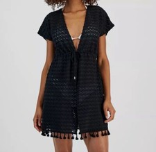 Miken Women's Black Tie-Waist Chevron-Knit Swim Cover Up Size XS
