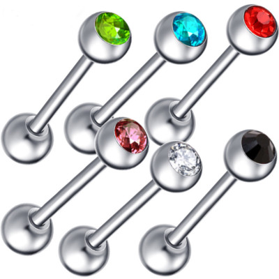 2X Zungenpiercing Edelstahl Hantel Stab Barbell Piercing Zirkonia Kristall Stein