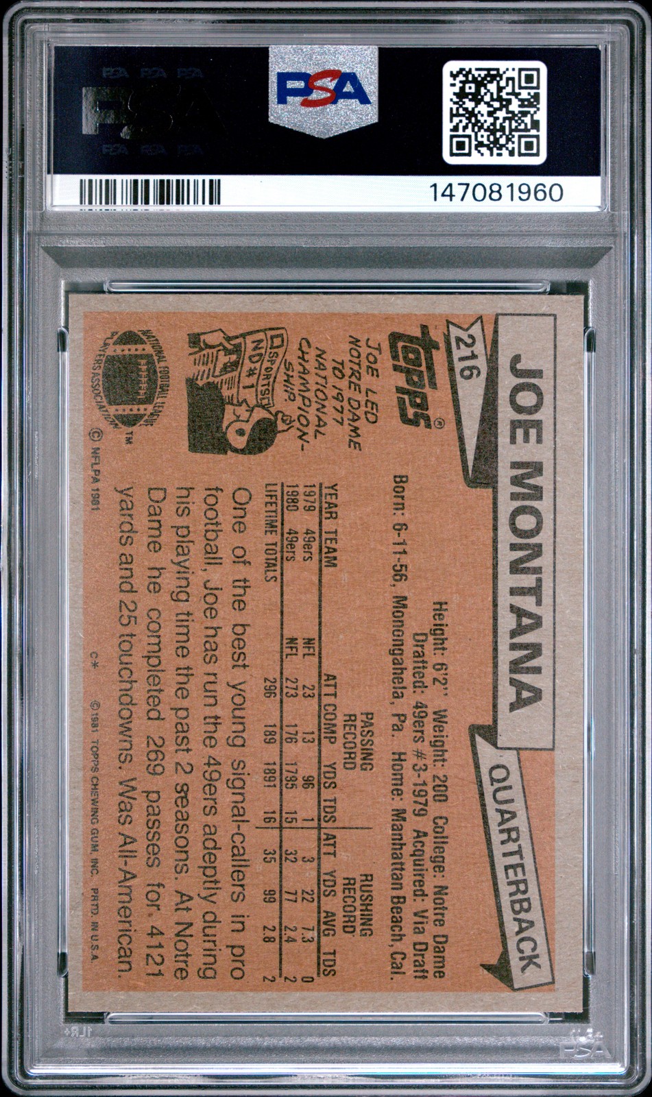 1981 TOPPS #216 JOE MONTANA PSA 8 view 2