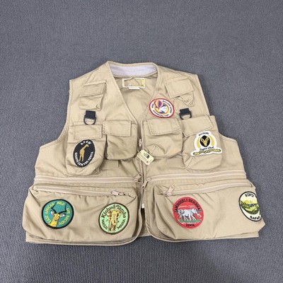 Vintage Safari Vest Mens Medium Beige Kenya Patches Multi Pocket Travel Canvas