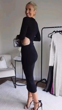 ZARA Women Black Stretch Knit Dress Chain cut out Details Size L NEW