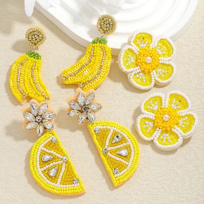 Drop Earrings Bohemia Yellow Beaded Banana Lemon Flower Resin Statement Jewelry