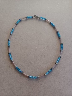 Vintage 90's Y2K Early 2000's Style Blue Glass Bead & Rubber Tube Choker