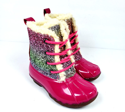 Adrienne Vittadini Bambini Toddler Girls Size 9 Pink Sparkle Glitter Duck Boots