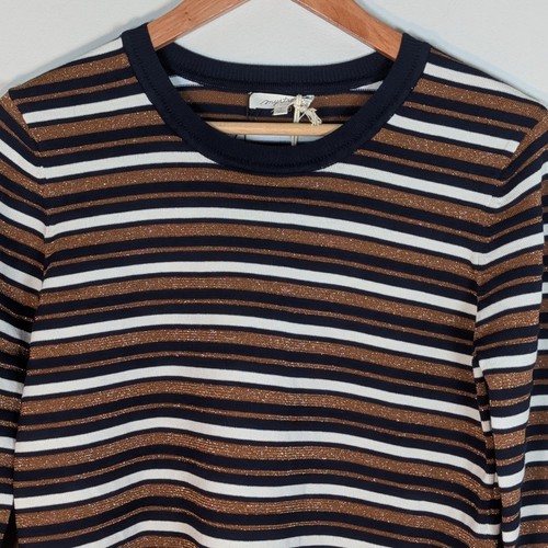 Mystree NWT Metallic Striped Knit Top Navy Copper White Lurex Sweater Small