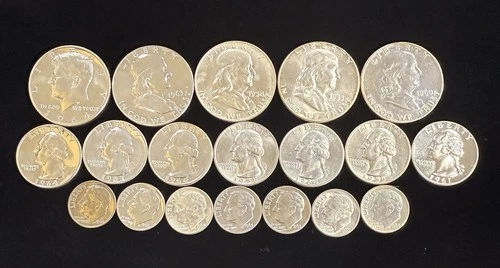 Kennedy, Ben Franklins, Washington Quarters,Roosevelt dimes 90% Silver BU/AU