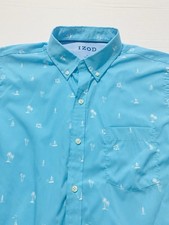 IZOD Mens Size Large Teal/White Tropical Print Button Down Short Sleeve Shirt