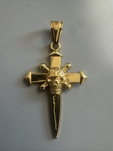 Authentic Cross Skull Sword Bones Pendant 24” Box Chain Viking Gold Plated