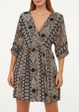 SHEIN Women’s XL Blue Boho Print Wrap Dress 3/4 Sleeve V-Neck Elastic Waistband