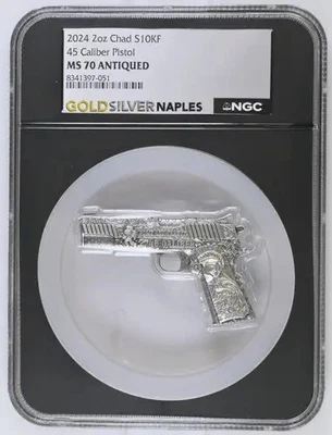 2024 2oz Chad S10KF 45 Caliber Pistol MS70 ANTIQUED (OB-52) - Image 1 of 2