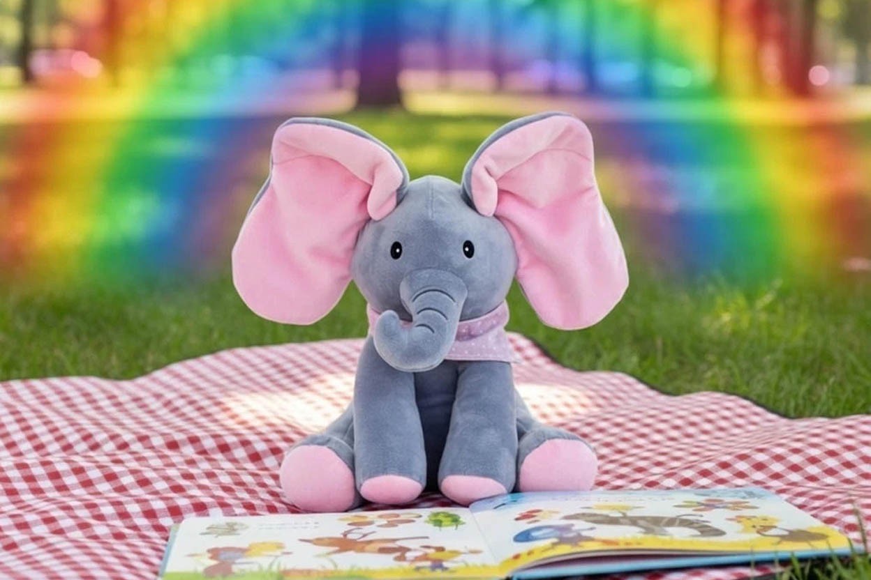 Singing Peek A Boo Elephant Animated Plush Toy for Babies Pink Ears Cute Gift