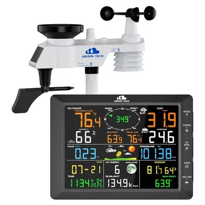 AIRAIN TECH 14-in-1 Wireless Weather Station w Outdoor Wireless Sensor, Radio-Control Clock
