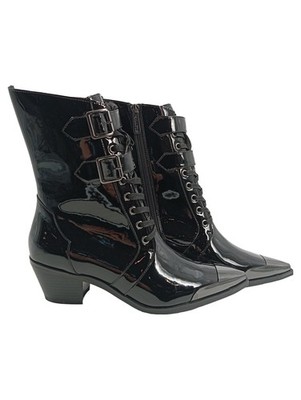 Killstar Damen Schnürstiefel Lackleder Schwarz Gr. 40 Gothic Boots Metallkappe