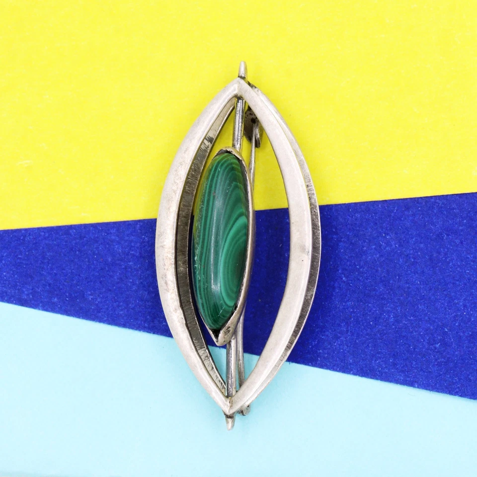 Malachite Taglio Marquise Forma Spilla 925 Argento Sterling Artigianale Gioielli - Immagine 3 di 4