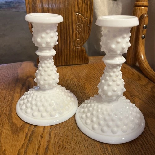 Vintage Set 2 Fenton Hobnail 6” Candlesticks White Milk Glass Candle Holders 70s