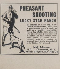 1954 Print Ad Pheasant Shooting Lucky Star Ranch Hunter & Dog Chaumont,New York