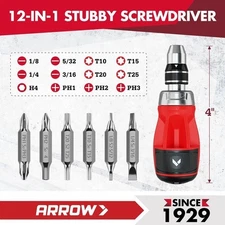 ARROW 12-IN-1 Multi Bit Ratchet Stubby Ratcheting Screwdriver set S2 Steel USA