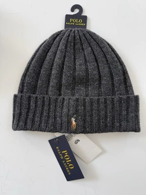 Polo Ralph Lauren Poney GRIS FONCÉ Bonnet En Laine Mélangée À Trousse Côtelée - Photo 1/2