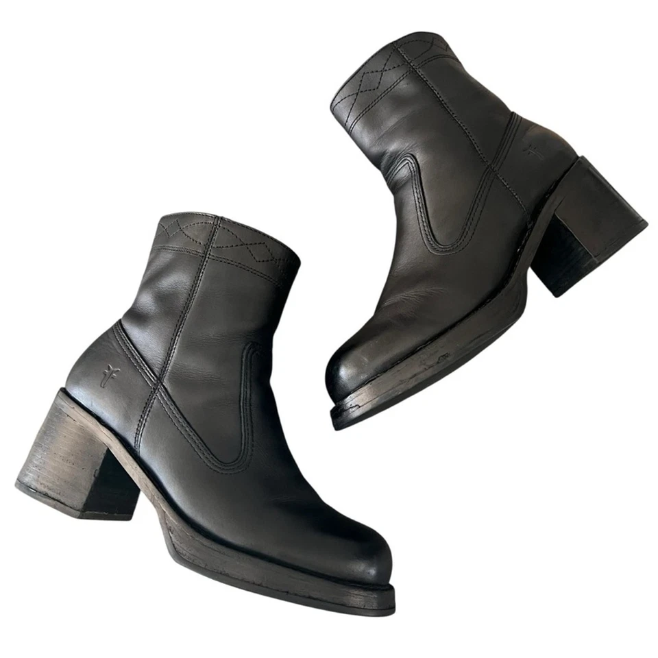 Botas al tobillo Frye vintage para mujer Villager con plataforma con cremallera de cuero negro talla 8 Foto 3 de 4