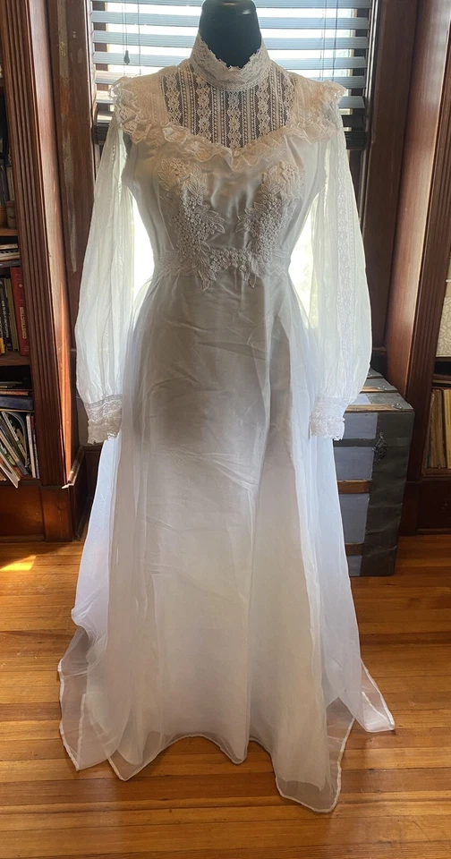 Vestido de novia vintage JC Penney años 70 TALLA MEDIANA estilo Gunne Sax blanco boho Foto 3 de 4